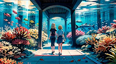 blonde mother and daughter, back, walk, underwater, air bubble, large aquarium, Sea World, (group of fish, fish:1.4), coral reef...