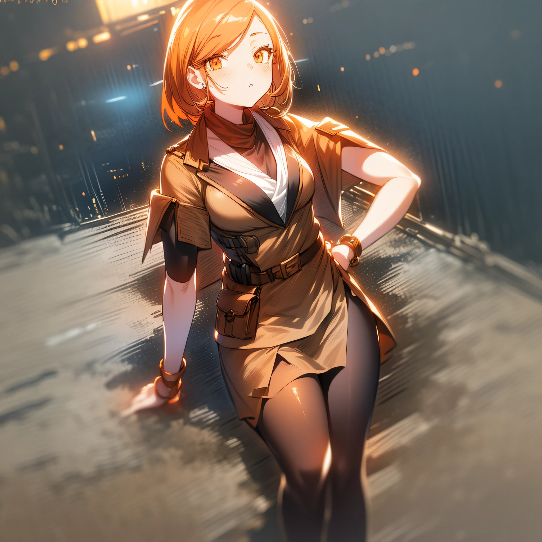 orange eyes light,richly faded light orange hair, anime 1girl, khaki t-shirt, khaki skirt, brown military boots, pouch on the waist belt, khaki bikini, "black tights", "dark_orange knee pad on right leg",( night city:1.4), black long cloak, (good hand:1.5 ) good legs, (Good face: 1.5), 1girl