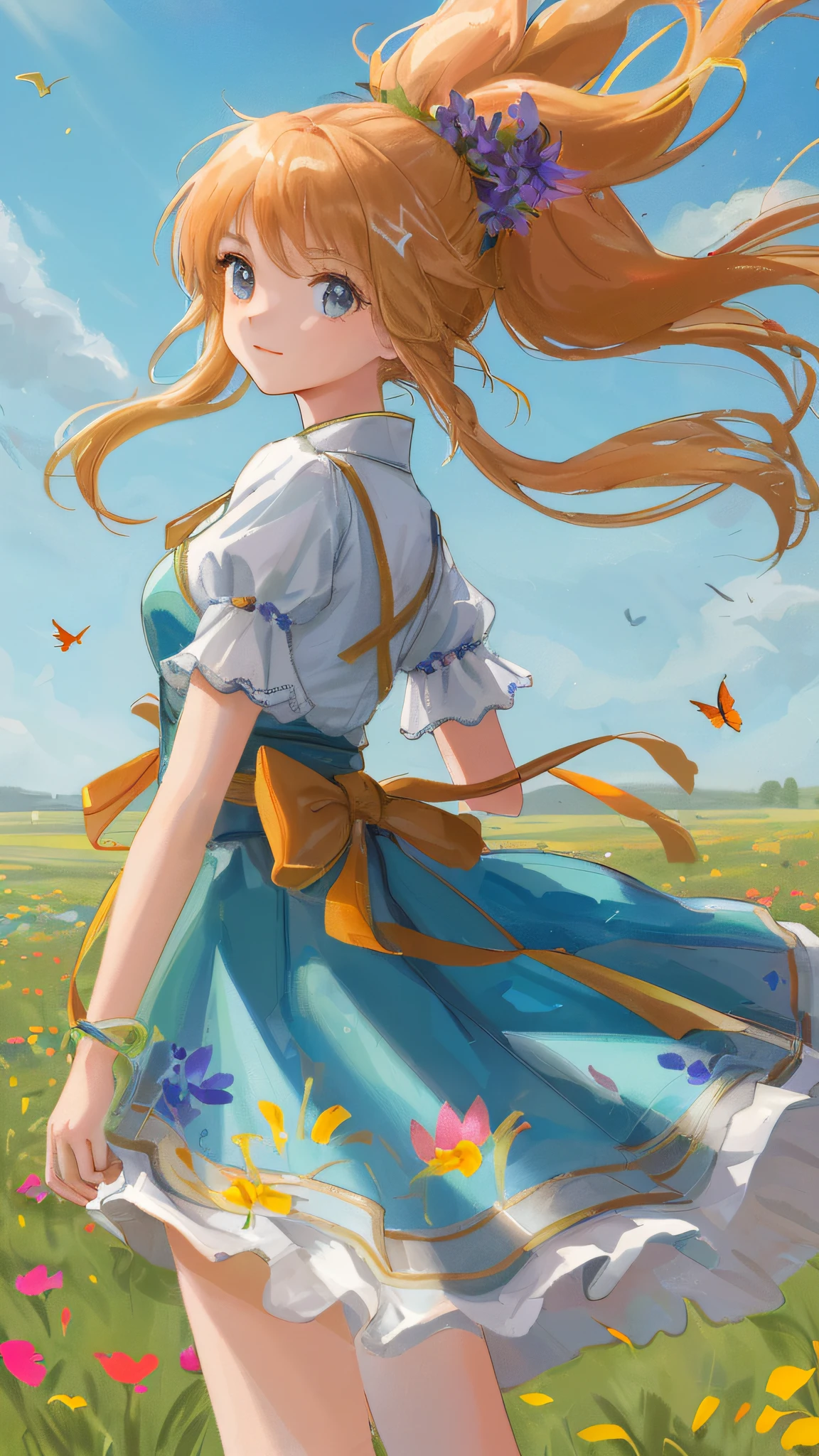 High Detail, Ultra Detail, Ultra High Resolution A cute and innocent girl is enjoying her time in an open field, surrounded by the beauty of nature, with the warm sun shining on her and wild flowers swaying gently in the breeze. Butterflies and birds flutter around her, adding to the playful atmosphere, --v6