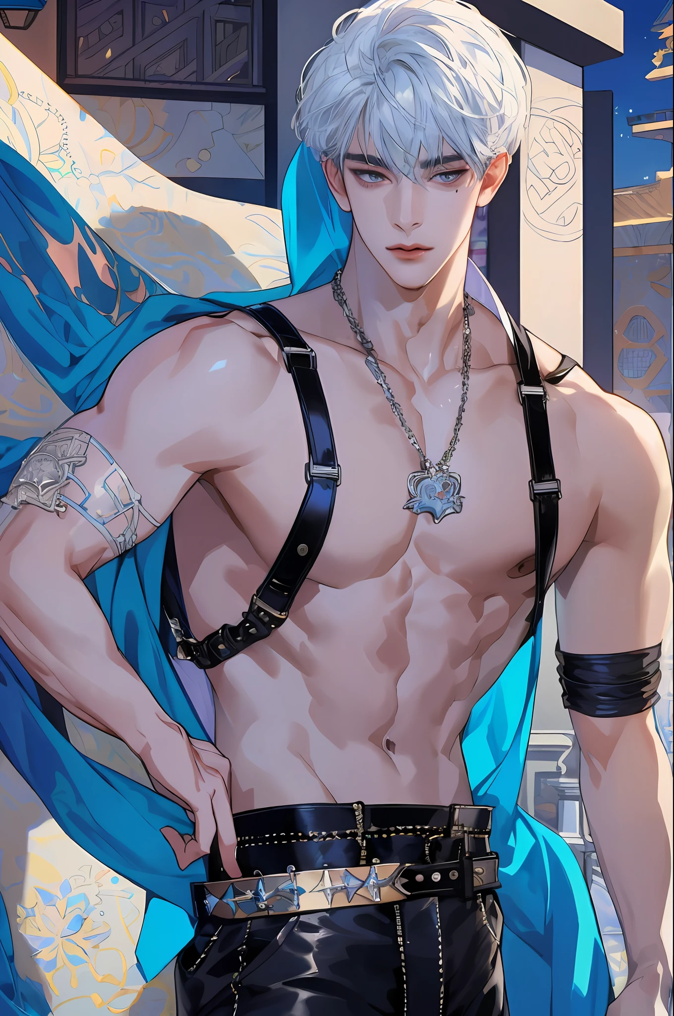 boy, (masterpiece), beautiful body, model, detailed face, detailed skin, front, unzoom, hyper-detailed painting, luminism, complex, Artgerm, silverjow, magic boy, Naoko Takeuchi, full outfit, leather pants, studded fashion harness belt