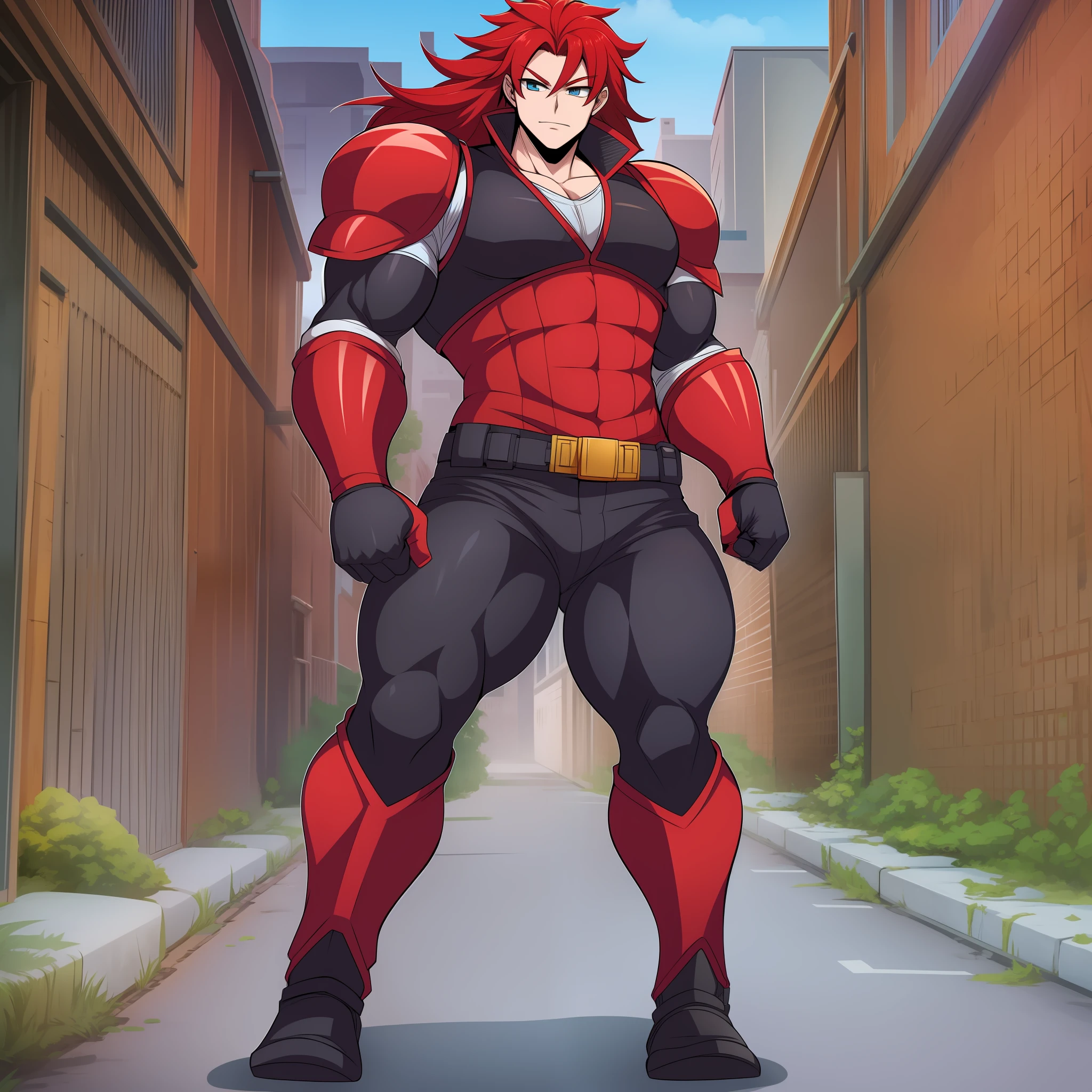 cabello rojo, Armadura completa, Héroe Sentai, hombre musculoso pelo largo, pantalones, chaleco, mantea, paños negros, cuerpo completo, caminando, retrato