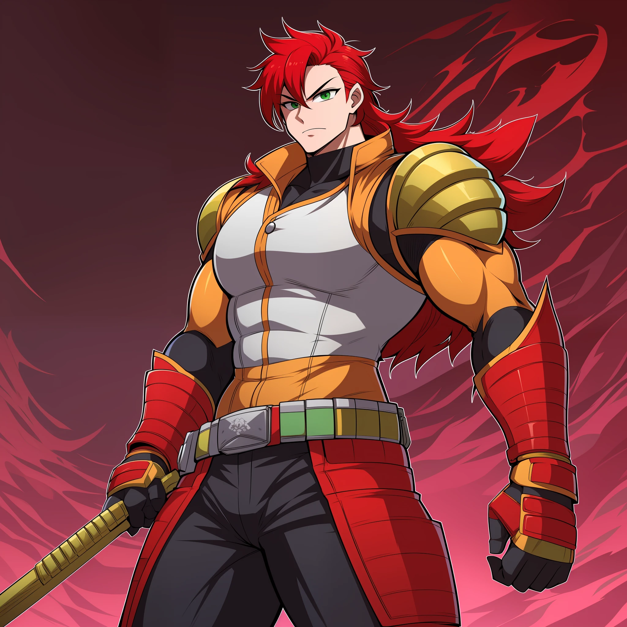 cabelo vermelho, armadura completa, sentai hero, homem musculoso cabelo longo, calça, vest, o manto, panos pretos, corpo todo, olhos verdes