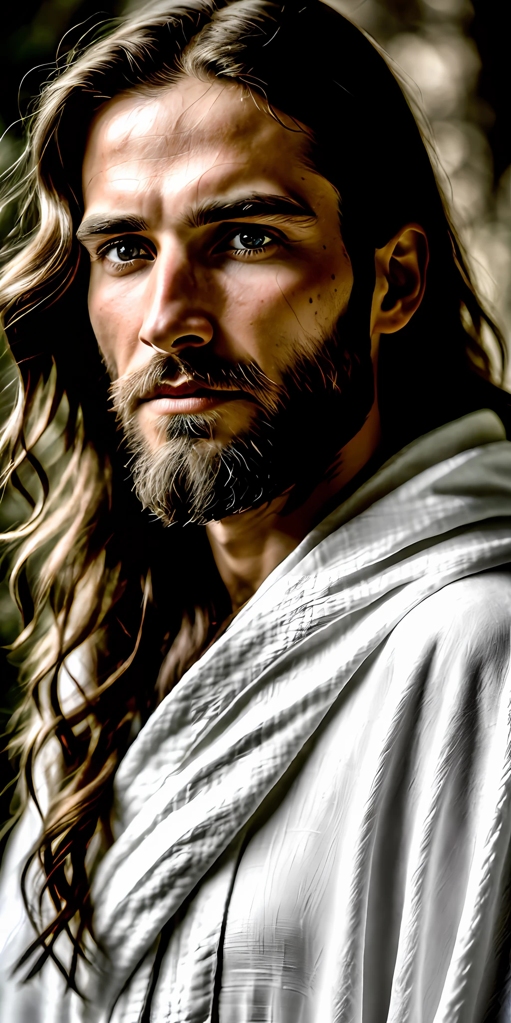 image of a man with long hair and beard in a white robe, dressed as Jesus Christ, Jesus Christ, arms crossed, by Matthias Weischer, wearing a long robe a white robe,world winner of press photos,(award-winning photograph:1.3) (very sharp photo:1.1), (8k, RAW photo, best quality:1.3), (realistic, photo-realistic, male, modest clothes:1.1),  Craggy mountain range, rocky terrain, dramatic peaks, cold, challenging, inspiring, style (look at the viewer: 1.2) (skin texture) (film grain: 1.3), (warm hue, warm tone: 1.2), cinematic light, side lighting, ultra high res, best shadow, RAW, upper body, Microgeometry, skin elasticity, light scattering through the hair, ambient occlusion, multilayer skin shading,  facial muscle simulation, iris and pupil rendering, advanced color classification, nature