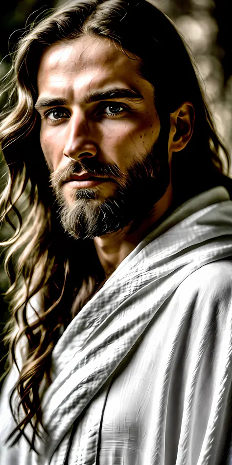 image of a man with long hair and beard in a white robe, dressed as Jesus Christ, Jesus Christ, arms crossed, by Matthias Weisch...