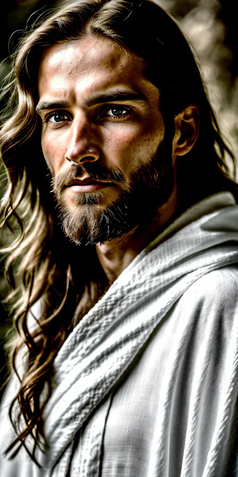 image of a man with long hair and beard in a white robe, dressed as jesus christ, jesus christ, arms crossed, by matthias weisch...