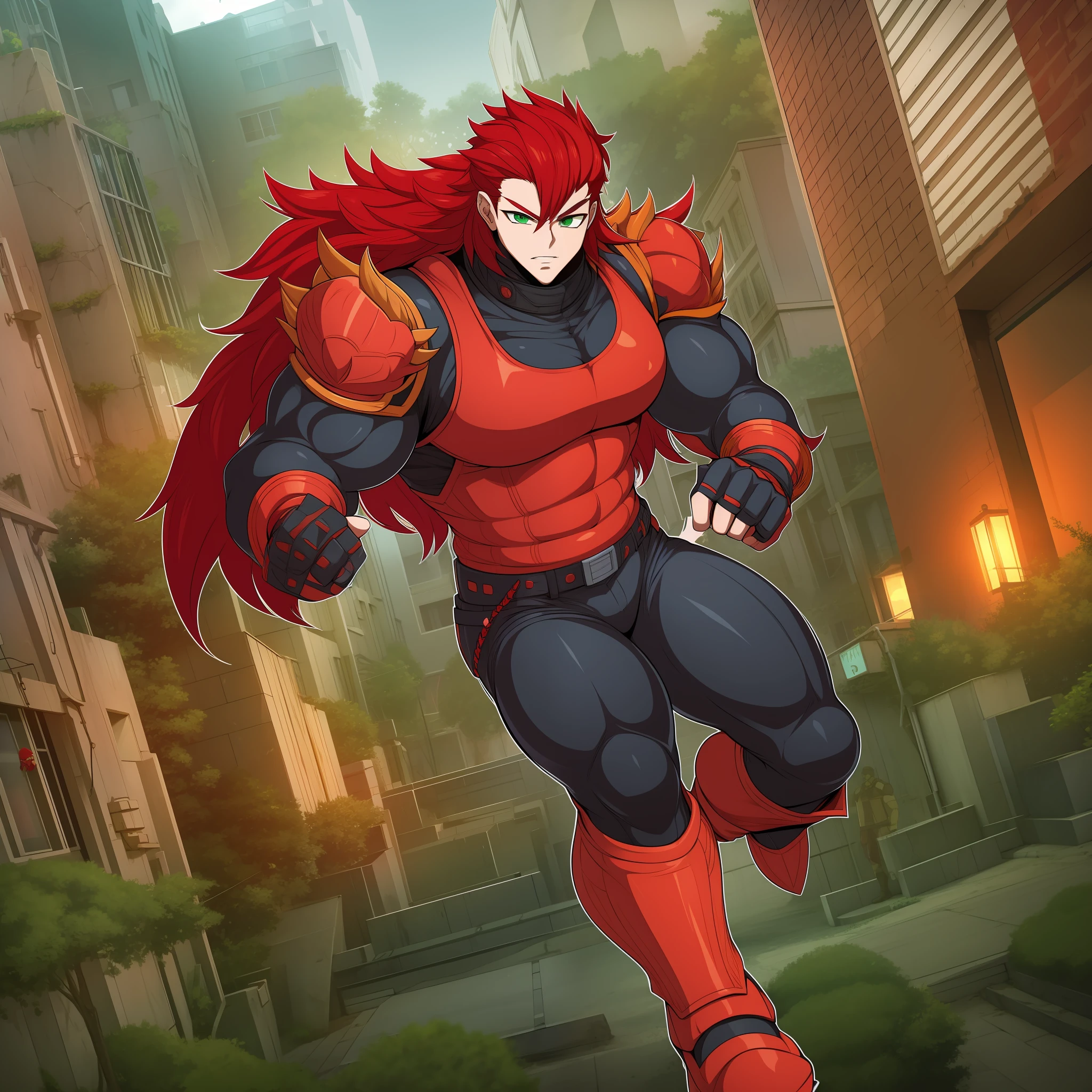 cabelo vermelho, armadura completa, sentai hero, homem musculoso cabelo longo, calça, vest, o manto, panos pretos, corpo todo, olhos verdes