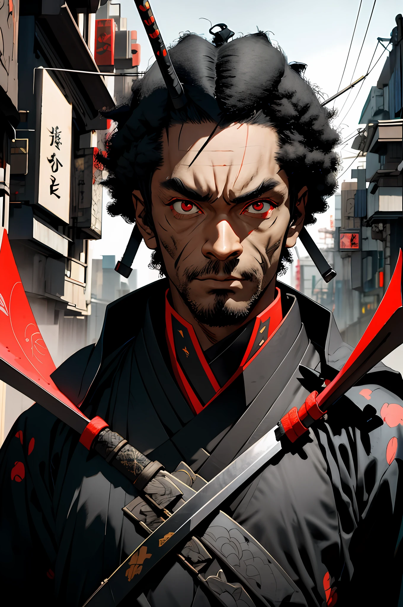 1 black samurai, 1 man, afrosamurai, black hair, cyberpunk, street style, streets of Tokyo, bright, with black skin, red eyes, looking at the viewer, upper body, megazine cover, shogum