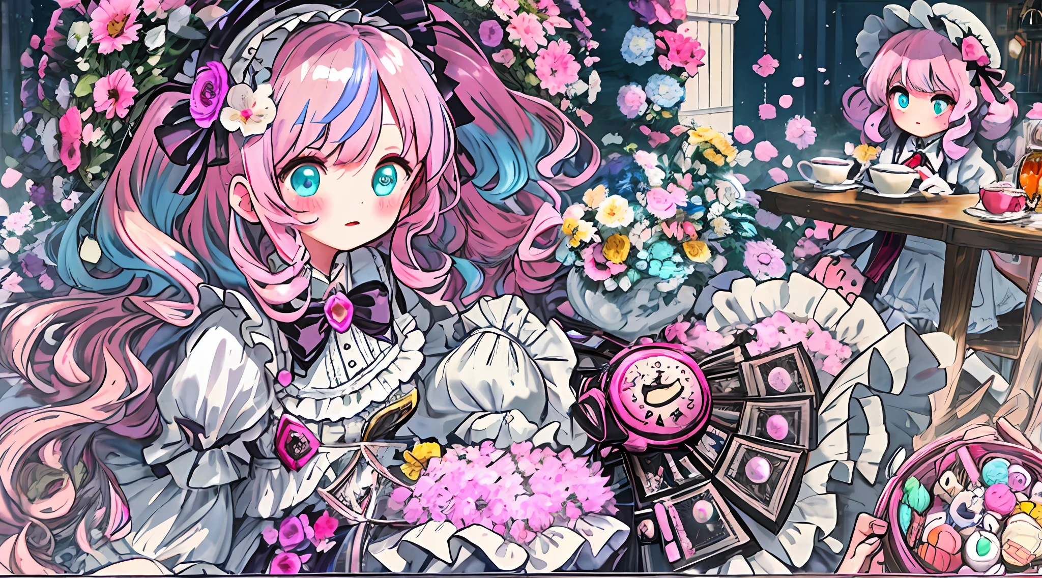 1girl, extreme detail, lolita, lolita fashion, frills, intricate and gorgeous, gloves, afternoon tea, ponette hat, curly hair, macarons, cream, colorful, pink hair, blue hair, gradient pick dye, candy, shiny crystal, shiny, light particles, dynamic pose, dramatic composition, candy hair accessories, colorful dresses, pearls, flowers, embroidery, gem-set