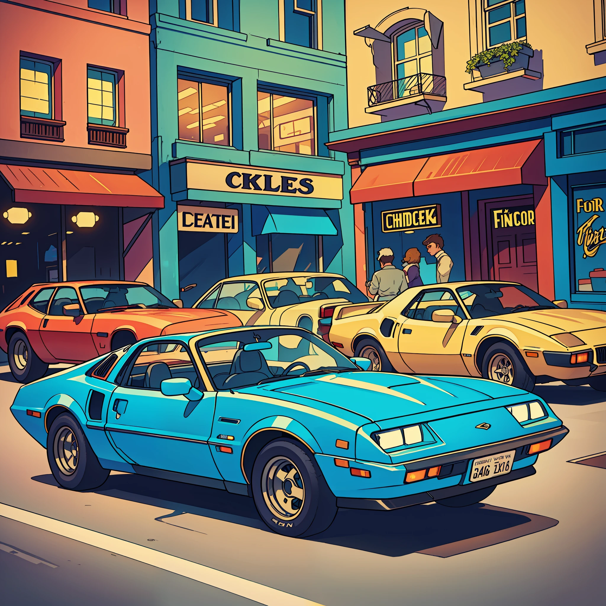 coche clásico de los años 80, como Pontiac Fiero o Ford Thunderbird, ultra detallado, mejor calidad, Vista lateral, vistoso, En una concurrida calle de tiendas vintage y restaurantes vintage al fondo., iluminación y sombra perfectas.
