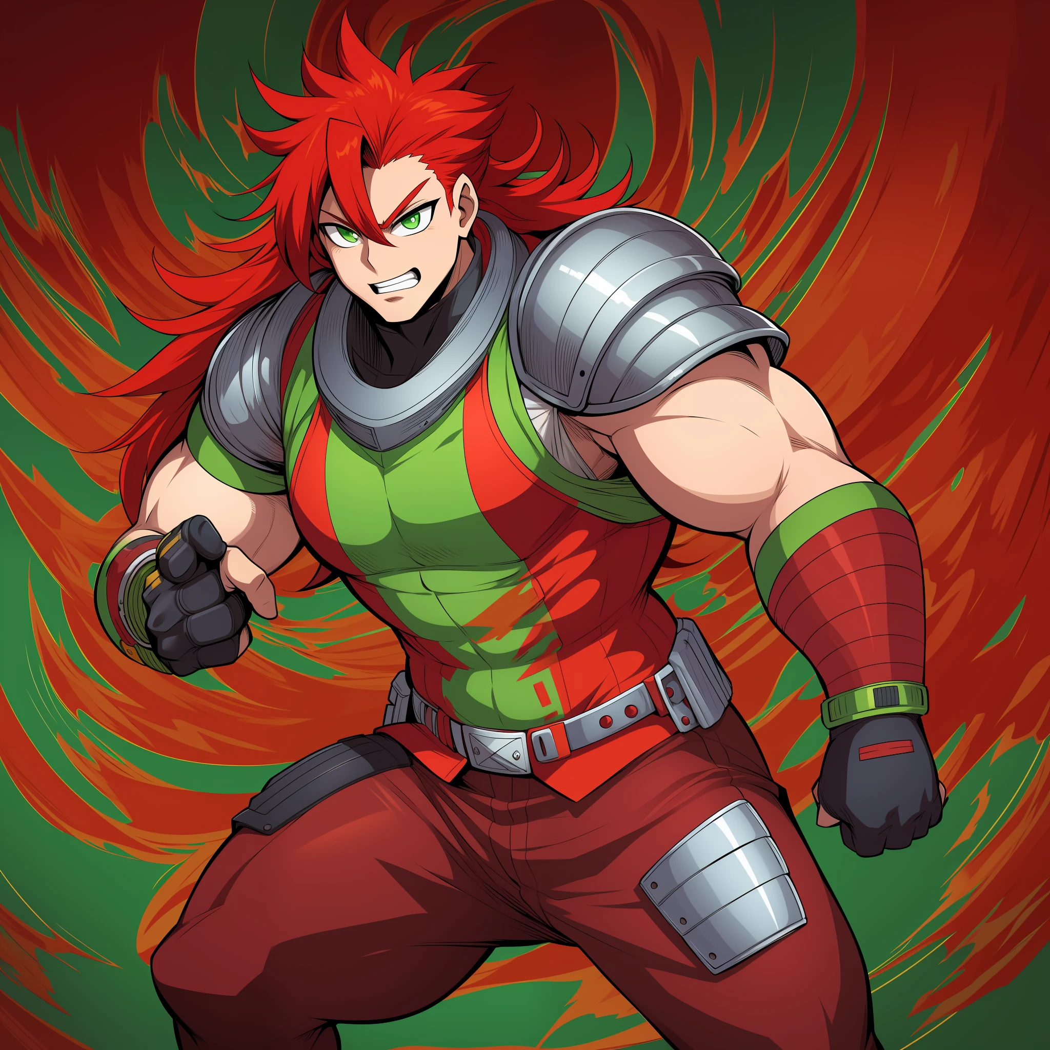 cabelo vermelho, armadura completa, sentai hero, homem musculoso cabelo longo, calça, vest, o manto, panos pretos, corpo todo, olhos verdes