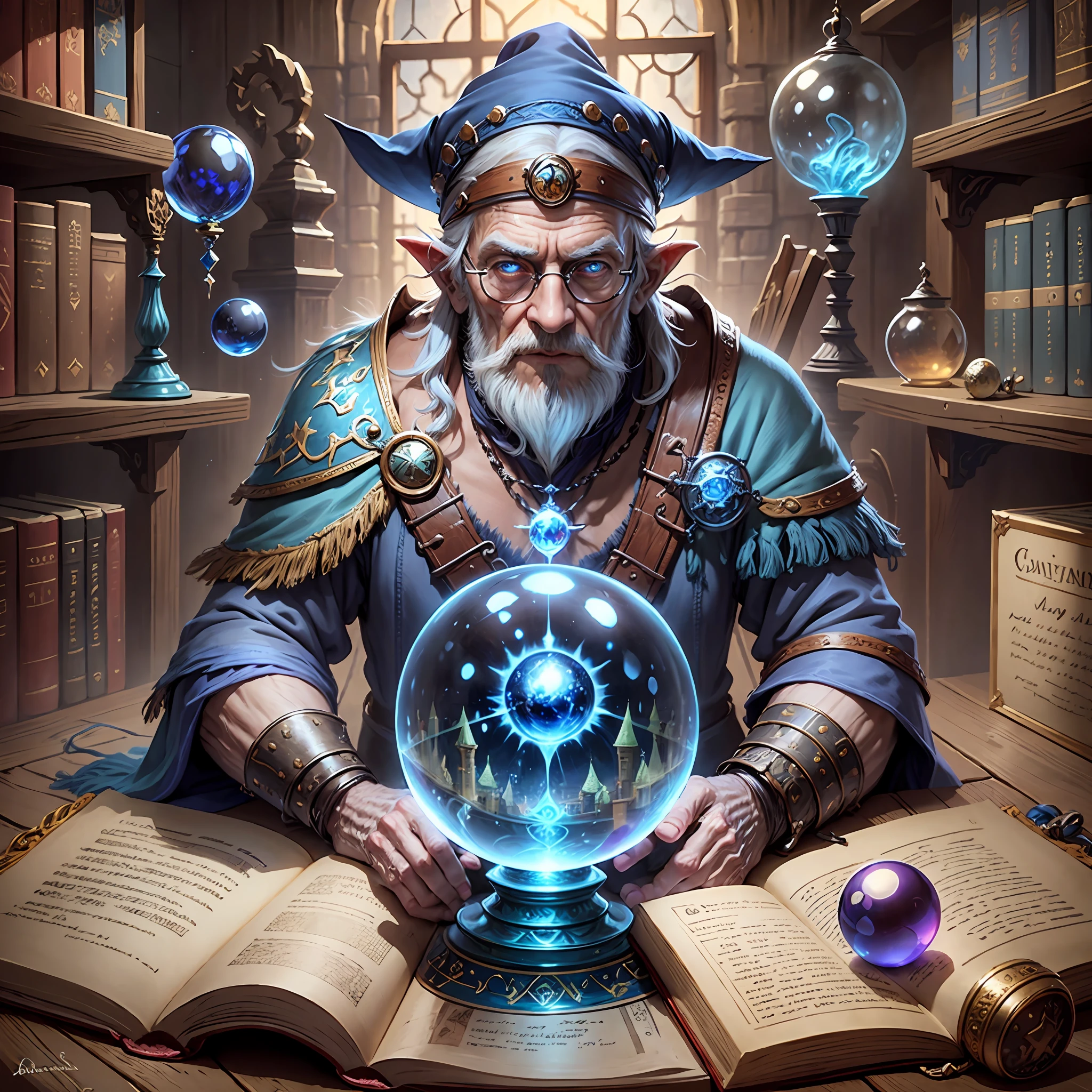 A Dungeons wizard & Dragons, elderly, blue hat, magic library, crystal ball, 8K --auto --s2