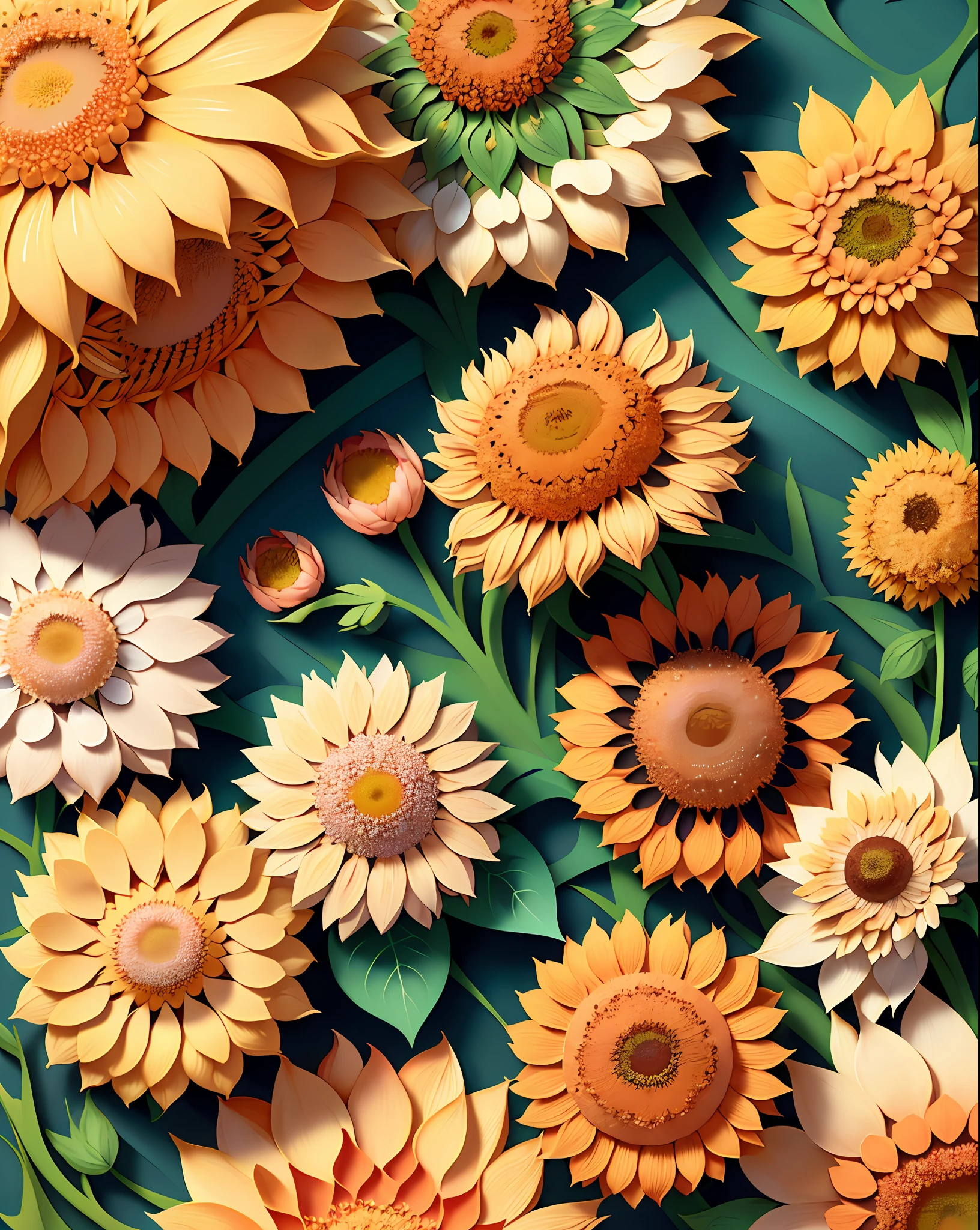 (extremely detailed CG unity 32k wallpaper), (masterpiece), (best quality), (ultra-detailed), (best illustration), (best shadow), (photorealistic:1.1), super high resolution, (strabismus: 0.5), Imagine a world where sunflowers reign, their patterns seamless and delicate petals dancing in nature's artistry. Visualize a peaceful garden basked in the warm glow of sunlight, where sunflowers of various shades harmonize in perfect unison. Each petal is meticulously crafted, revealing intricate details and unique variations. Soft hues of blush and pastel blend seamlessly, telling a story of beauty, growth, and the eternal cycle of life. These patterns are inspiring, adorning fabrics, wallpapers, and digital creations. Get ready to be mesmerized, as these patterns have the power to transport you to a realm of delicate splendor.