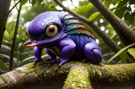 A small strange creature sits on the trunk of a tree. The trunk covers four winged limbs, has a wide muzzle, four large eyes, colorful, looks with curiosity. It's in the dark jungle, small hair