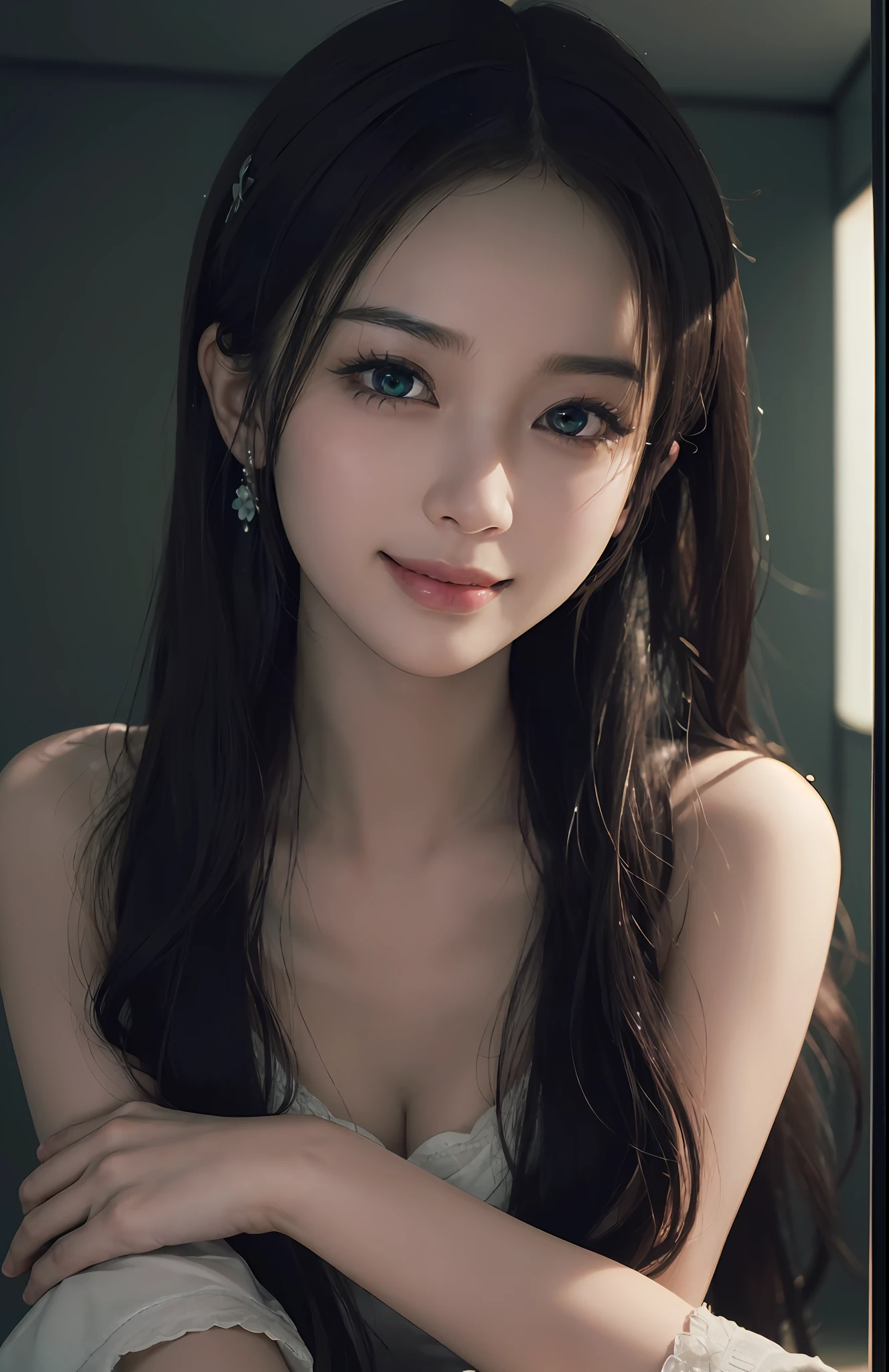 Masterpiece, 1 Beautiful Girl, Detailed Eyes, Swollen Eyes, Best Quality, Ultra High Resolution, (Reality: 1.4), Original Photo, 1Girl, Green Eyes, Cinematic Lighting, Smiling, Japanese, Asian Beauty, Korean, Clean, Super Beautiful, Little Young Face, Beautiful Skin, Slender, Cyberpunk (ultra realistic), (illustration), (high resolution), (8K), (very detailed), (best illustration), (beautifully detailed eyes), (super detailed), (wallpaper), (detailed face), viewer looking, fine details, detailed face, in the dark, deep shadow, low key, pureerosfaceace_v1, smile, Long hair, Straight hair, 46 point diagonal bangs
