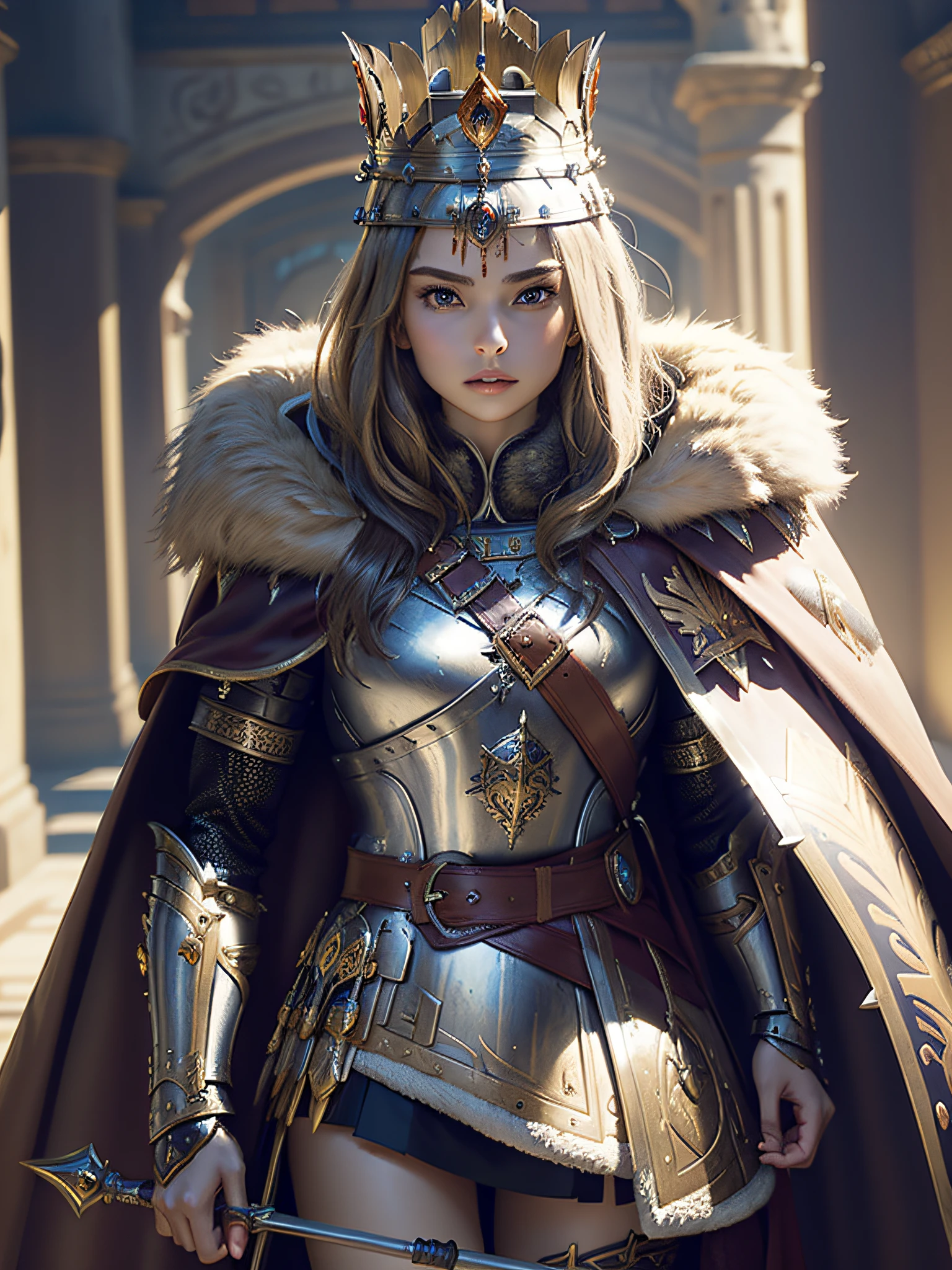 (masterpiece, top quality, best quality, official art, beautiful and aesthetic:1.2), (1girl), (warrior queen armor, fur-lined cape, jeweled crown:1.2),serious