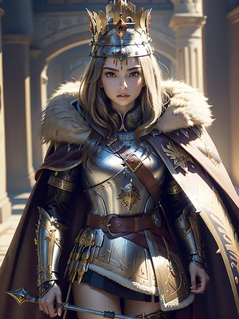 (masterpiece, top quality, best quality, official art, beautiful and aesthetic:1.2), (1girl), (warrior queen armor, fur-lined ca...
