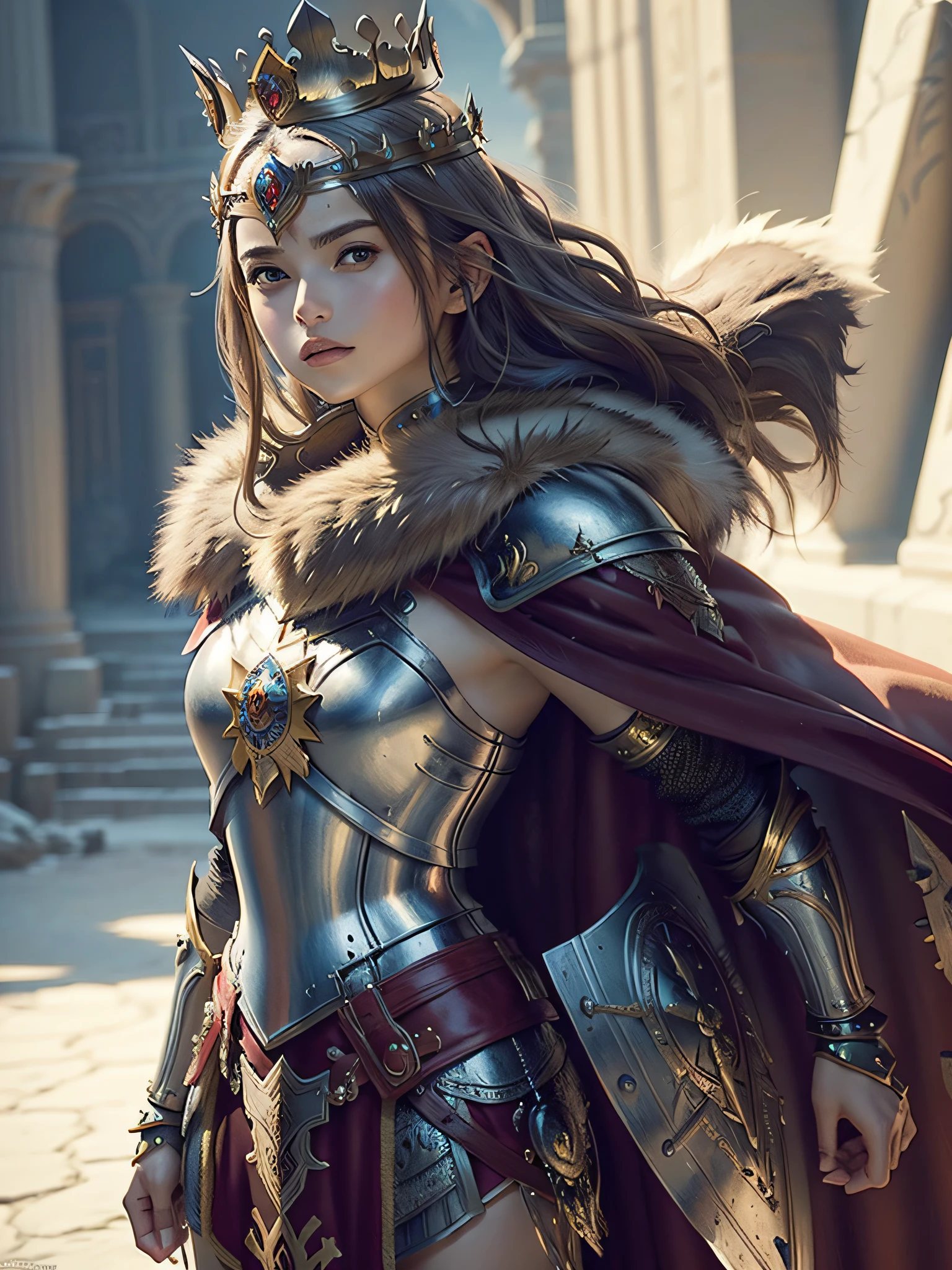 (masterpiece, top quality, best quality, official art, beautiful and aesthetic:1.2), (1girl), (warrior queen armor, fur-lined cape, jeweled crown:1.2),serious