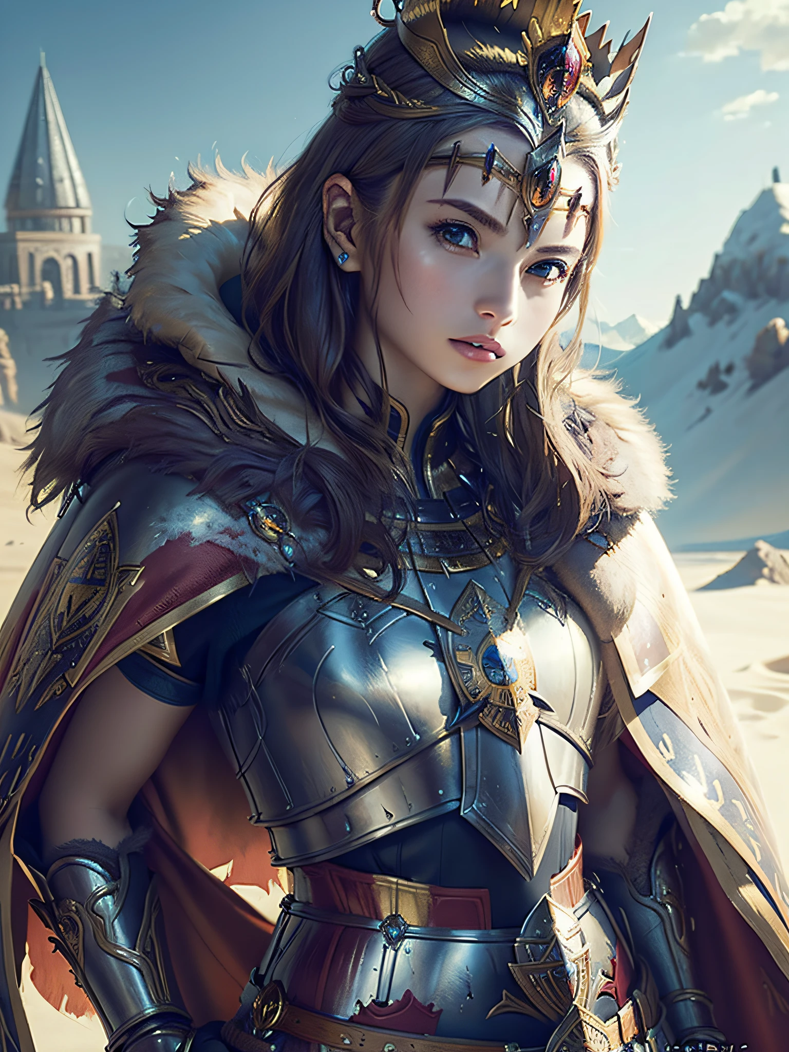 (masterpiece, top quality, best quality, official art, beautiful and aesthetic:1.2), (1girl), (warrior queen armor, fur-lined cape, jeweled crown:1.2),serious