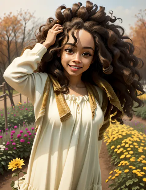 3d of 1girl, ((solo))), (30s long messy curly hair, smiling
happy, African-American, kind eyes;1.15), model's sculptural body, afternoon
autumn, flower garden, warm and soft light, flowers being
blown away by the wind, motion blur lens -- 9:16