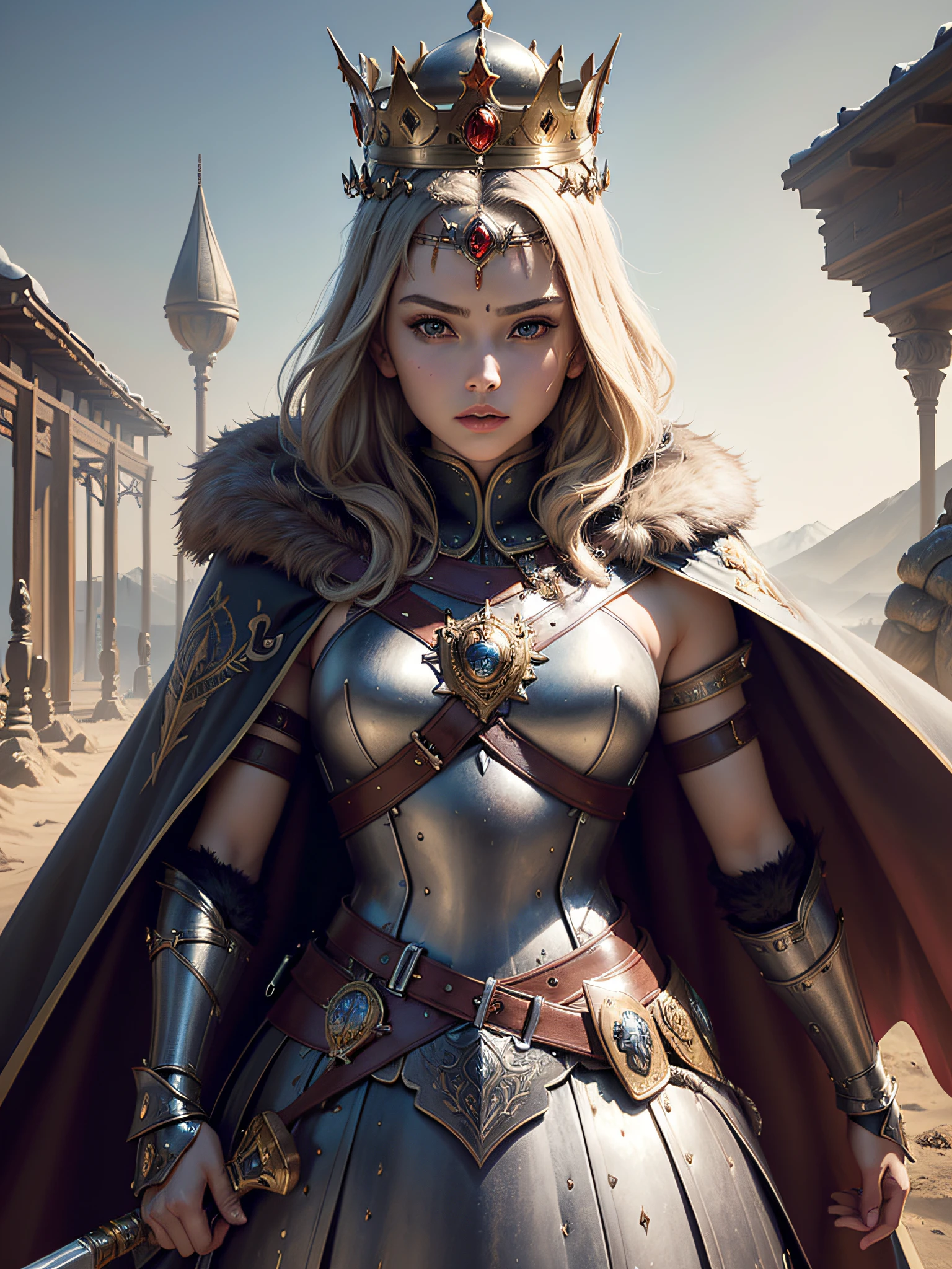 (masterpiece, top quality, best quality, official art, beautiful and aesthetic:1.2), (1girl), (warrior queen armor, fur-lined cape, jeweled crown:1.2),serious