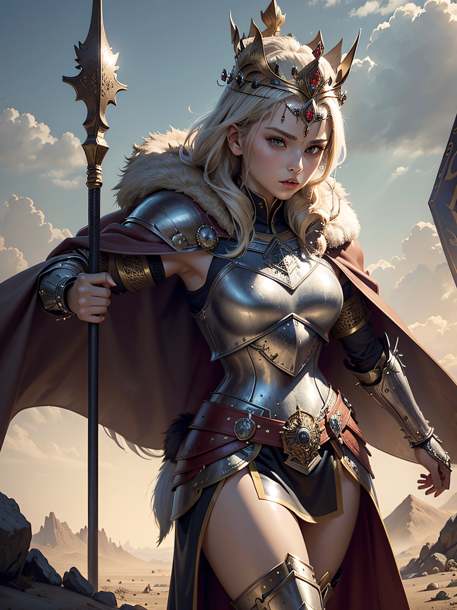 (masterpiece, top quality, best quality, official art, beautiful and aesthetic:1.2), (1girl), (warrior queen armor, fur-lined cape, jeweled crown:1.2),serious