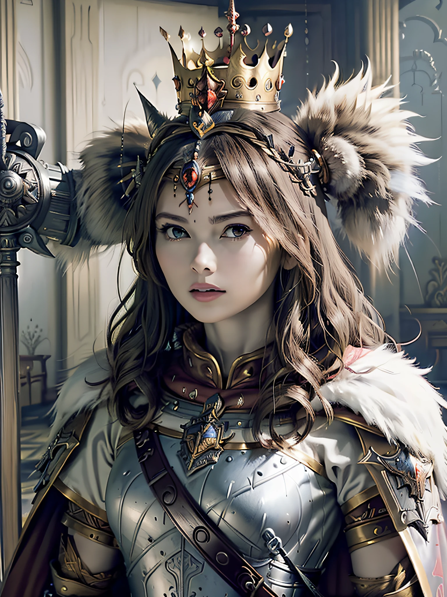 (masterpiece, top quality, best quality, official art, beautiful and aesthetic:1.2), (1girl), (warrior queen armor, fur-lined cape, jeweled crown:1.2),serious