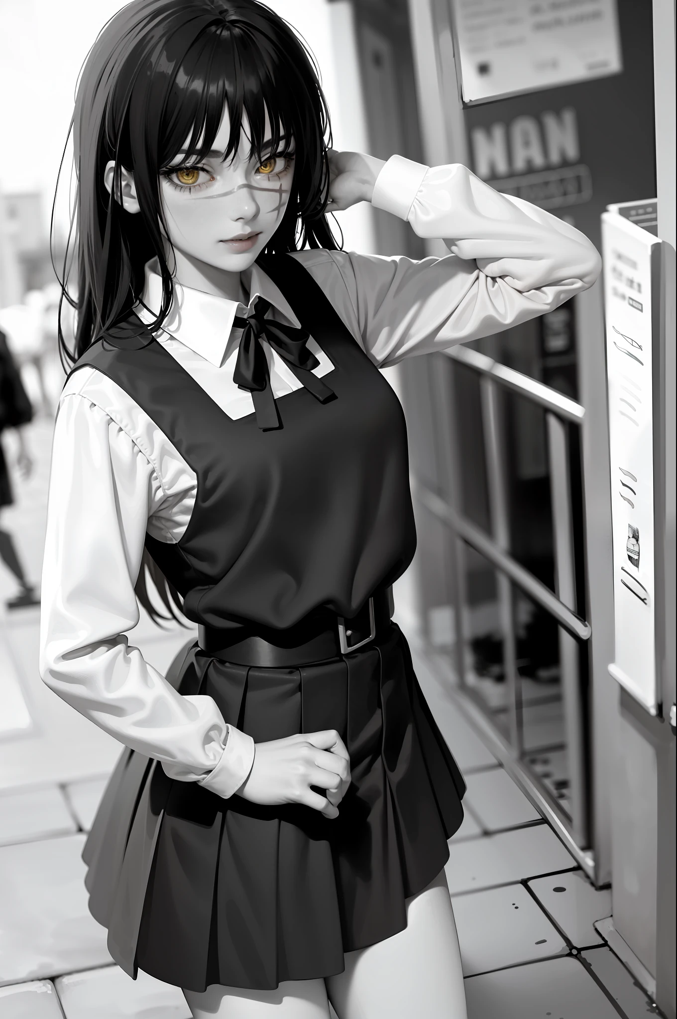 Black and white ,(masterpiece, best quality:1.2), cowboy shot, solo, 1girl, yoru \(chainsaw man\), expressionless, looking at viewer, yellow eyes, school uniform, pinafore dress, shirt, neck ribbon, long sleeves ,((Monochrome )), walking in the street , city background ,evil laugh