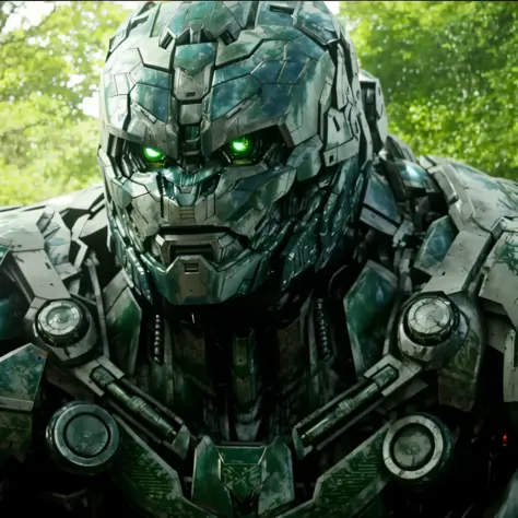 a close up of a robot with green eyes standing in a forest, in the movie transformers, movie still of a villain cyborg, face of an armored villian, as an ugly titan, movie still of a cool cyborg, movie still of a alien cyborg, from transformers, transforme...