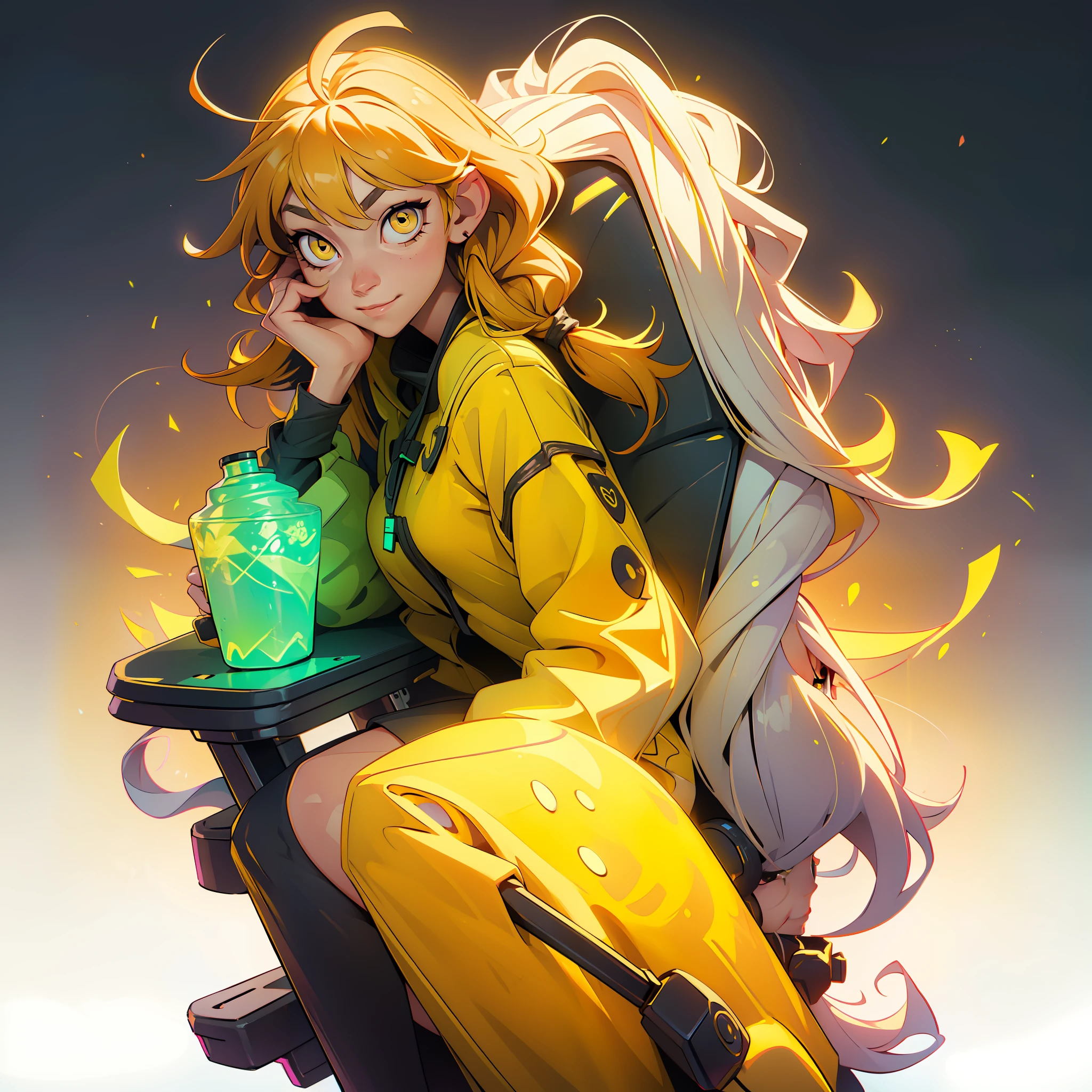 Create a hair girl and (((yellow eyes))) make sure the girl's eyes are yellow, chair gamer, gamer, configure, monitor, night time, good quality, perfect anatomy, 8k, masterpiece, by (Holaxes), medium hair, messy hair, neon, headphones, perfect hands, perfect hand position, perfect anatomy, sweet smile, yellow eyes