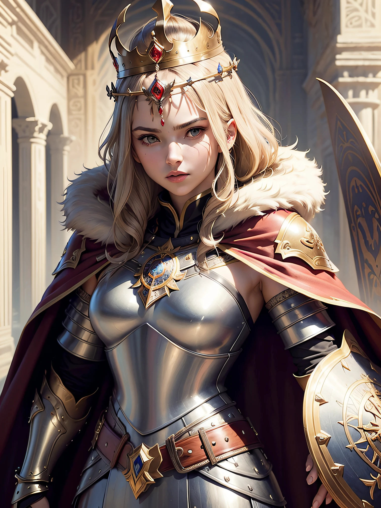 (masterpiece, top quality, best quality, official art, beautiful and aesthetic:1.2), (1girl), (warrior queen armor, fur-lined cape, jeweled crown:1.2),serious