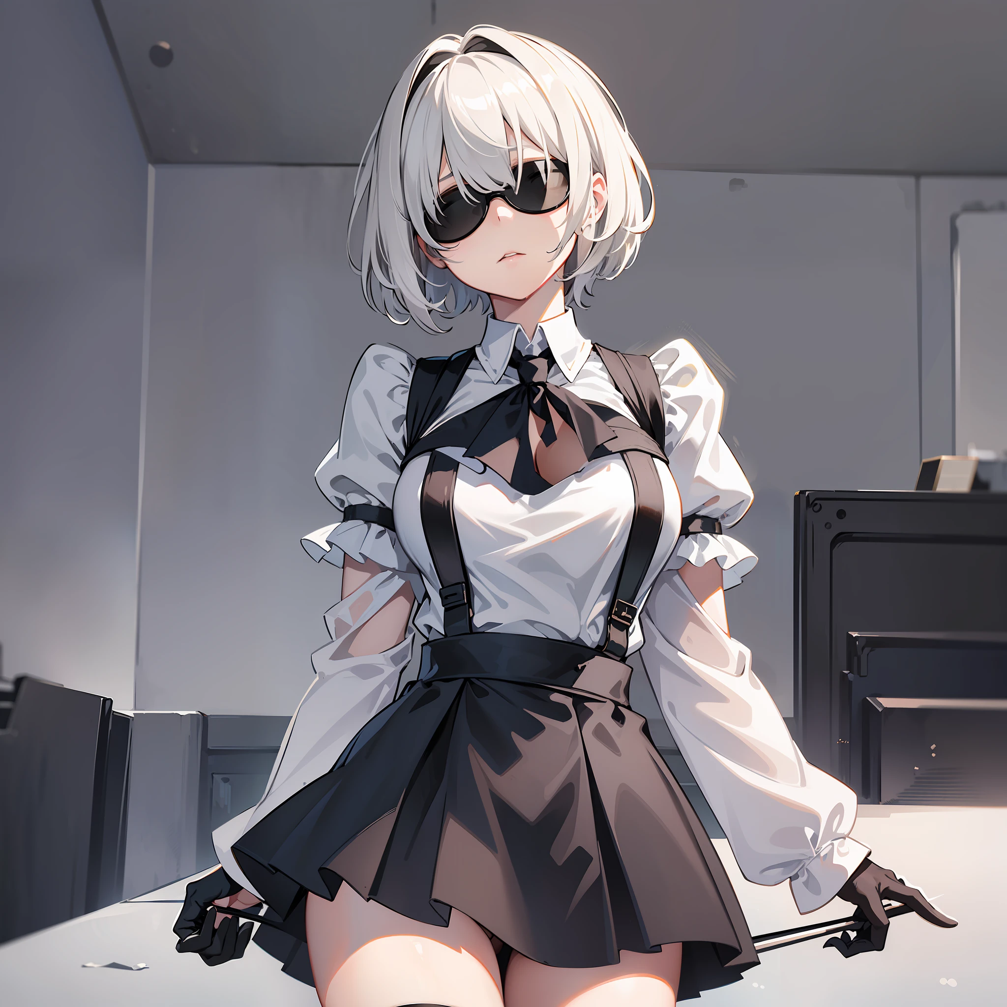 masterpiece, best quality, solo, (yorha no. 2 type b:1.14), (upper body:1.1), medium breasts, expressionless, 1girl, solo, (ruffling hair, messy hair:1.1), short hair, white hair, romantic setting, best quality, ultra detailed, 1girl, solo, standing, medium hair, blunt bangs does not look at the viewer, blindfolded, white shirt with tie, medium black skirt, beautiful thighs,  legwear, black gloves, fully black glasses, sunglasses, round glasses