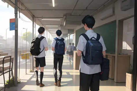 a boy being bullied around other boys at school, students, backpack,