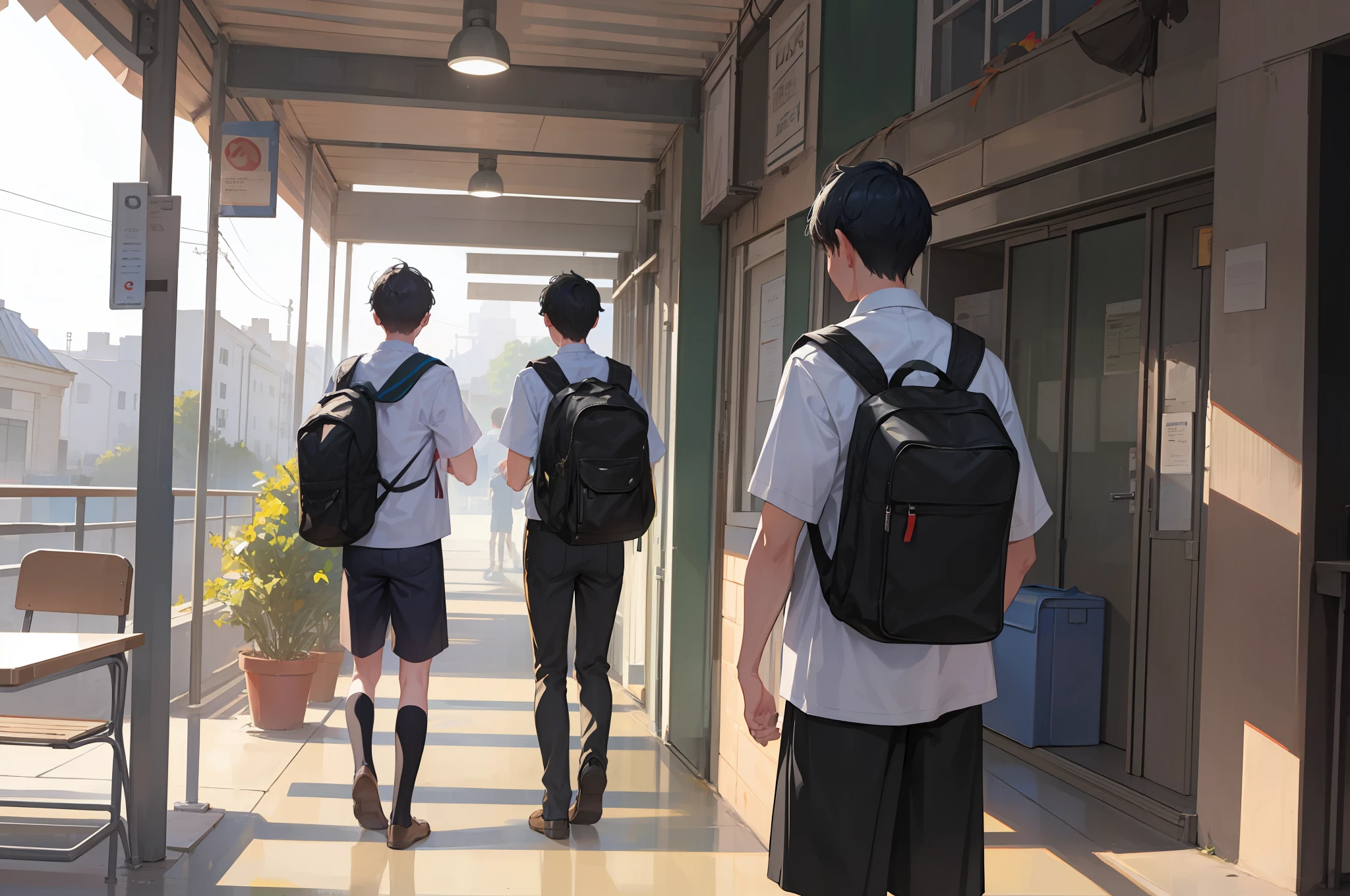 A boy being bullied around other boys at school, students, backpack,