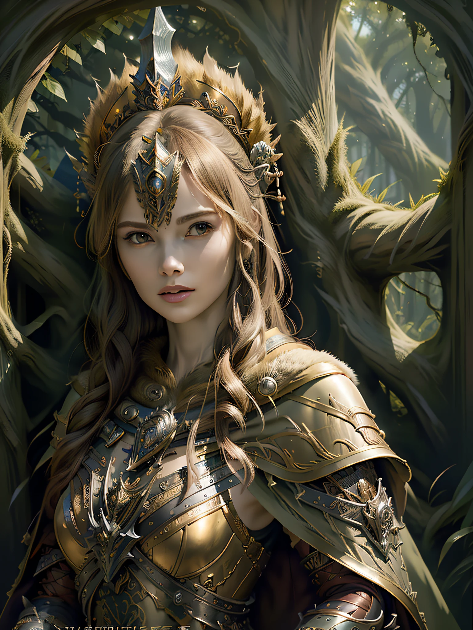 (masterpiece, top quality, best quality, official art, beautiful and aesthetic:1.2), (1girl), (warrior queen armor, fur-lined cape, jeweled crown:1.2),serious