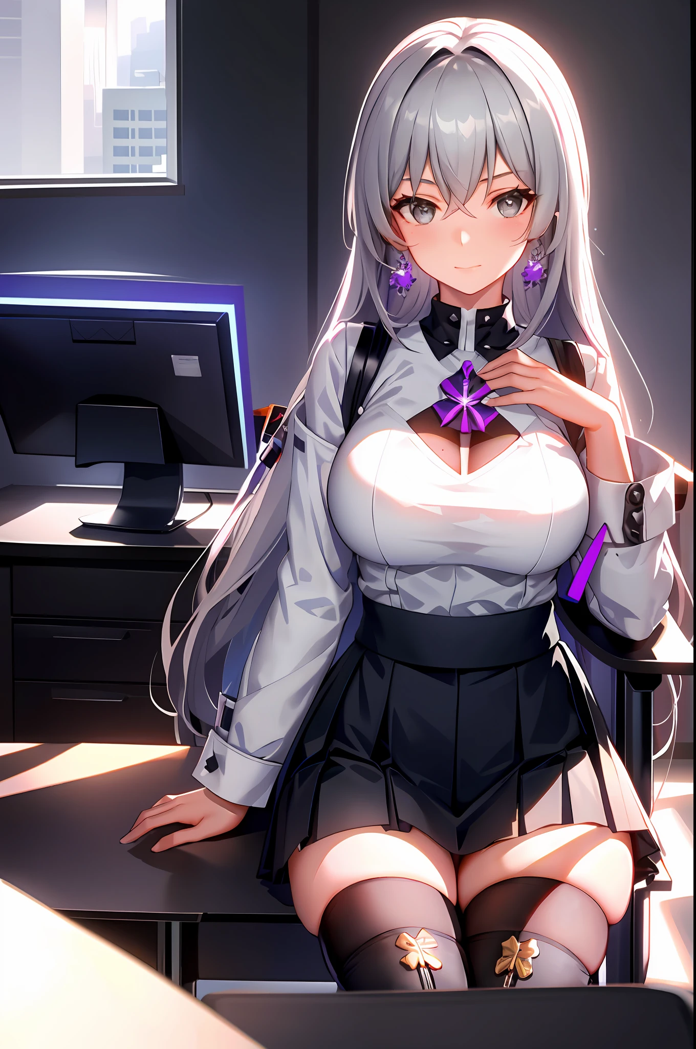 Bronya, 1girl, solo, ((white shirt)), black thighhighs, breasts, cleavage, uniform, office background, black skirt, pleated skirt, office, hair between eyes, purple earring, large breasts, long hair, looking at viewer, silver short nails, grey eyes, solo, thighhighs, thighs, very long hair, ((masterpiece)), sitting, chair, desk, computer on desk, name tag, id tag, indoor, blush, sexy pose, hands behind,