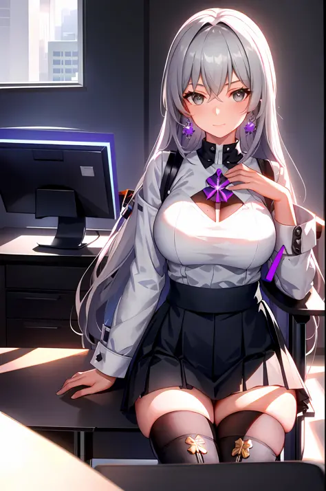Bronya, 1girl, solo, ((white shirt)), black thighhighs, breasts, cleavage, uniform, office background, black skirt, pleated skir...