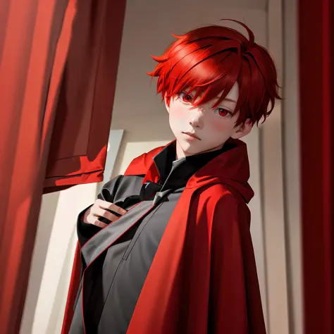 1Boy, red hair, cape, looking at viewer, red eyes, solo