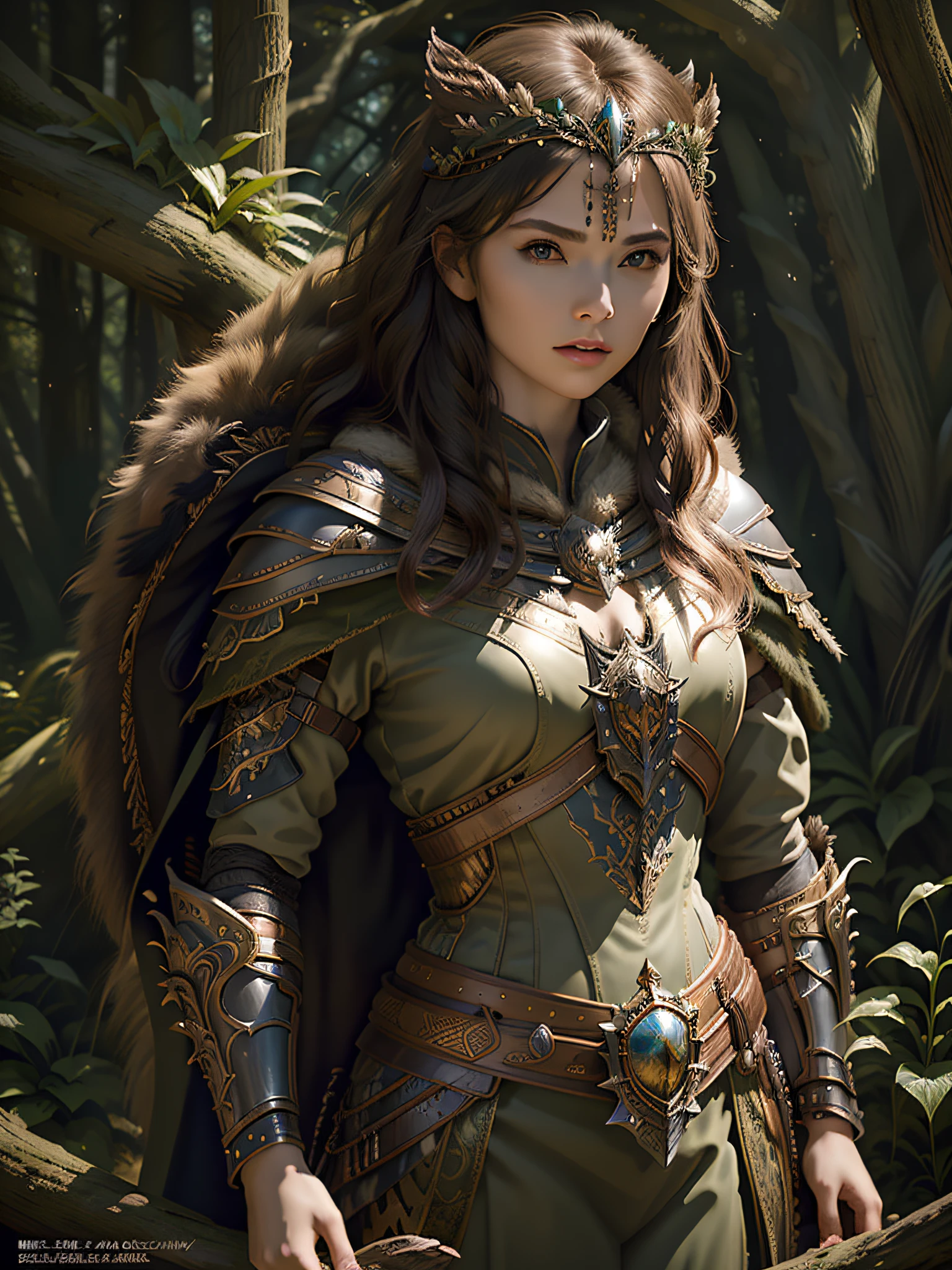 (Masterpiece, Top Quality, Top Quality, Official Art, Beautiful and Aesthetic: 1.2), (1 Girl), (Warrior Queen Armor, Fur-Lined Cape, Bejeweled Crown: 1.2), Serious, Black Hair, Big, Ultimate