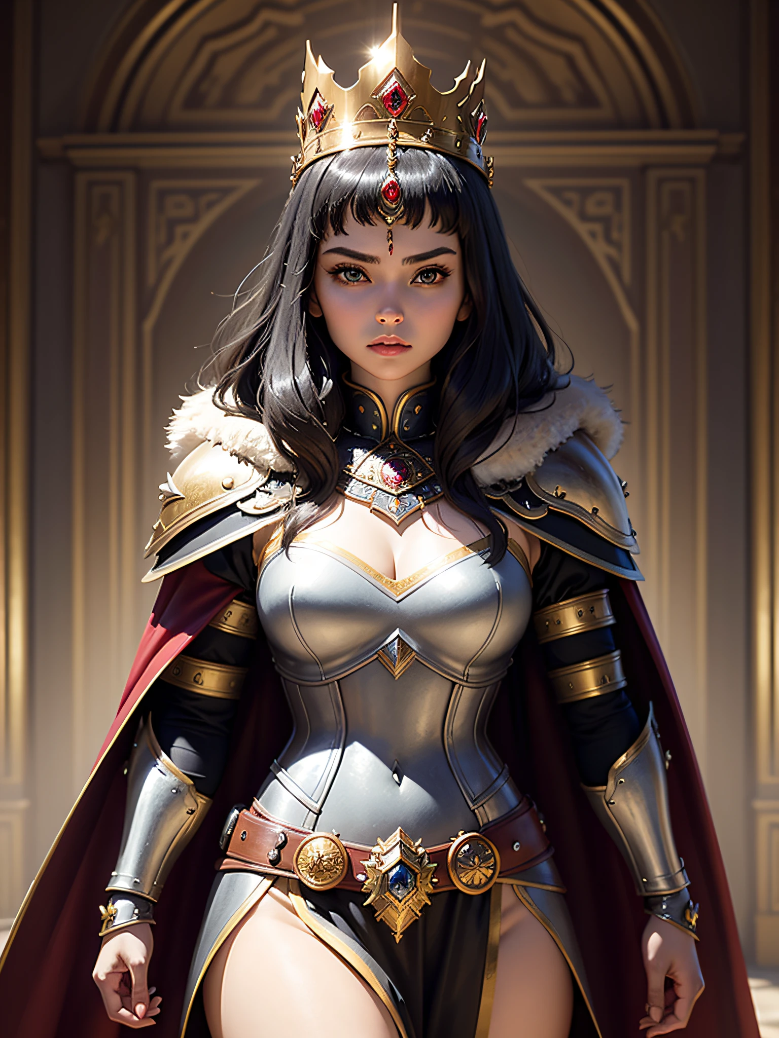 (Masterpiece, Top Quality, Top Quality, Official Art, Beautiful and Aesthetic: 1.2), (1 Girl), (Warrior Queen Armor, Fur-Lined Cape, Bejeweled Crown: 1.2), Serious, Black Hair, Big, Ultimate