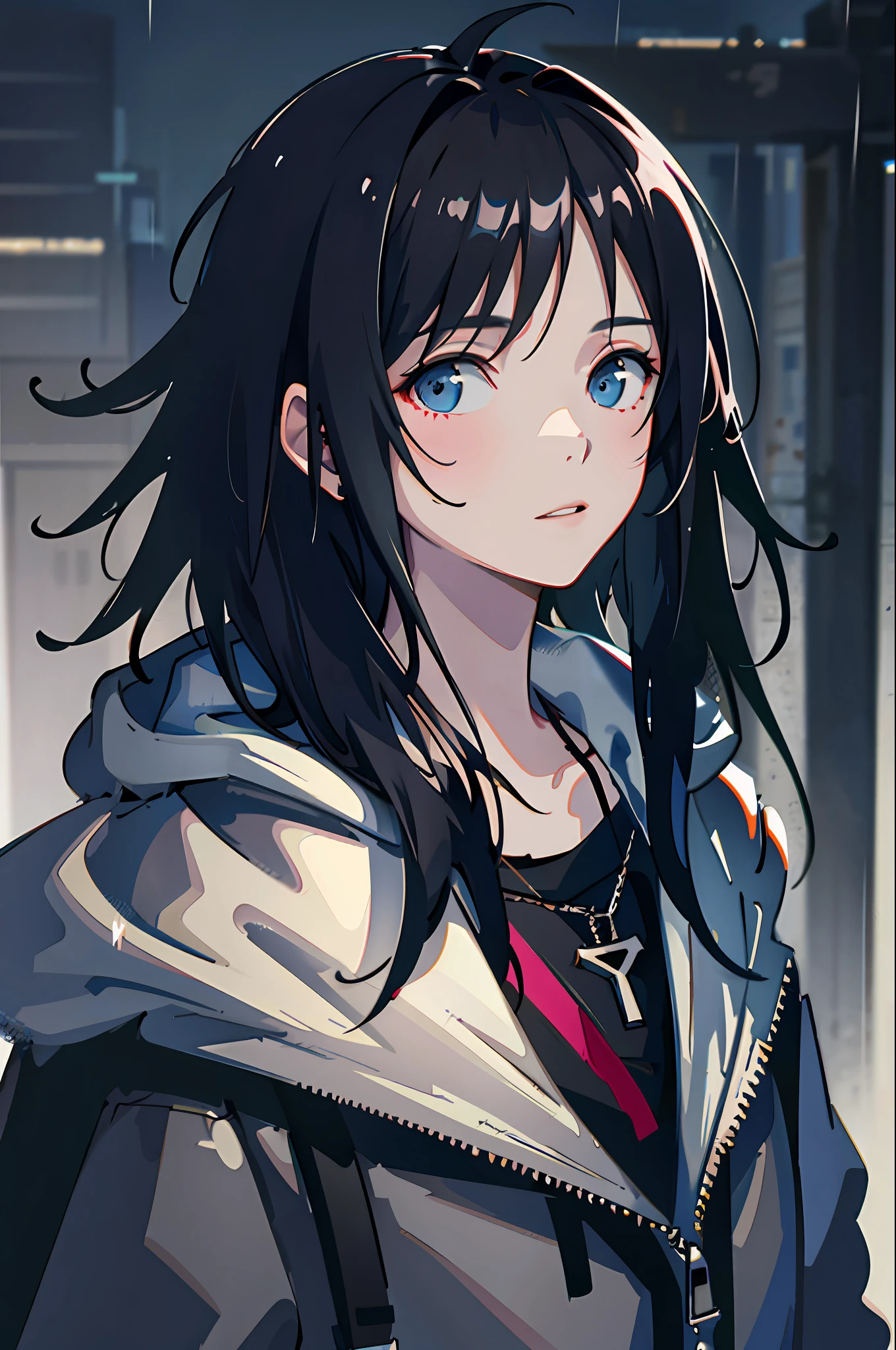 1girl, jacket, rain, outdoor, hoodie, open jacket, chain, backpack, looking at another, messy hair, trending on artstation, 8k resolution, highly detailed, anatomically correct, sharp image, digital painting, concept art, trending on pixiv, style of makoto shinkai,