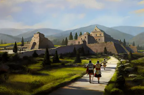 draw a picture of an ancient castle with warrior walking