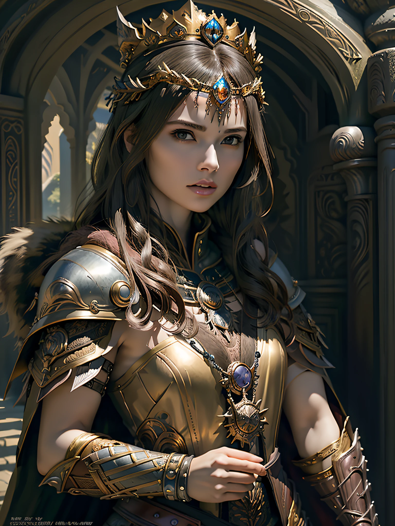 (Masterpiece, Top Quality, Top Quality, Official Art, Beautiful and Aesthetic: 1.2), (1 Girl), (Warrior Queen Armor, Fur-Lined Cape, Bejeweled Crown: 1.2), Serious, Black Hair, Colossal, Ultimate Jewel, 100pcs, Gorgeous,