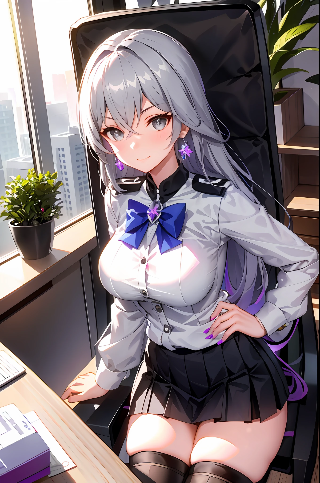 Bronya, 1girl, solo, ((white shirt)), black thighhighs, breasts, cleavage, uniform, office background, black skirt, pleated skirt, office, hair between eyes, purple earring, large breasts, long hair, looking at viewer, silver short nails, grey eyes, solo, thighhighs, thighs, very long hair, ((masterpiece)), sitting, chair, desk, computer on desk, name tag, id tag, indoor, blush, sexy pose, hands behind,