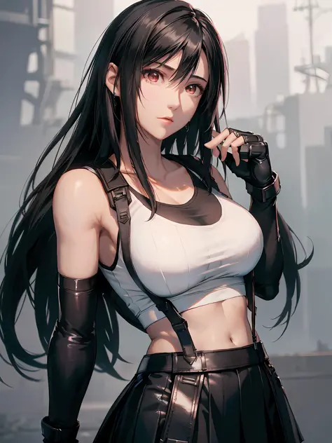 8k,masterpiece, bset quality,big, (1 girl), tifa lockhart, red_eyes, black hair, long hair, shiny skin, shiny big, ((best quality)), crisp focus: 1.2, very detailed face and skin texture, detailed eyes, perfect face, perfect body, art, cg, blur background,...