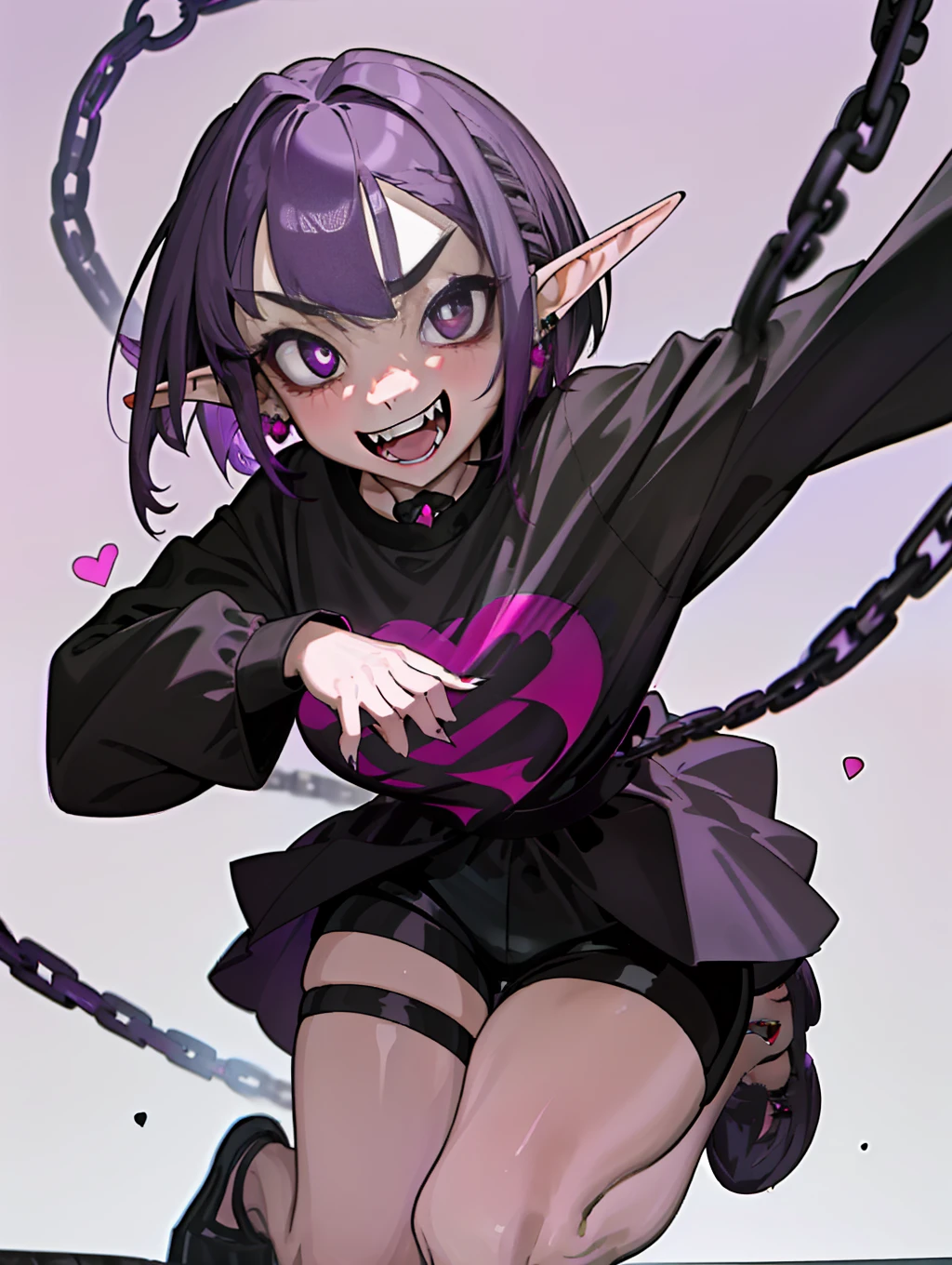 ((masterpiece,best quality)),1girl, loli, solo,elf ears, heart shaped earrings, heart shaped pupils, short hair, ((purple hair)), a pink streak on the bangs, ((a gap between the teeth)), Long black t shirt, long sleeves, 
shorts with chain, full body,((fangs))