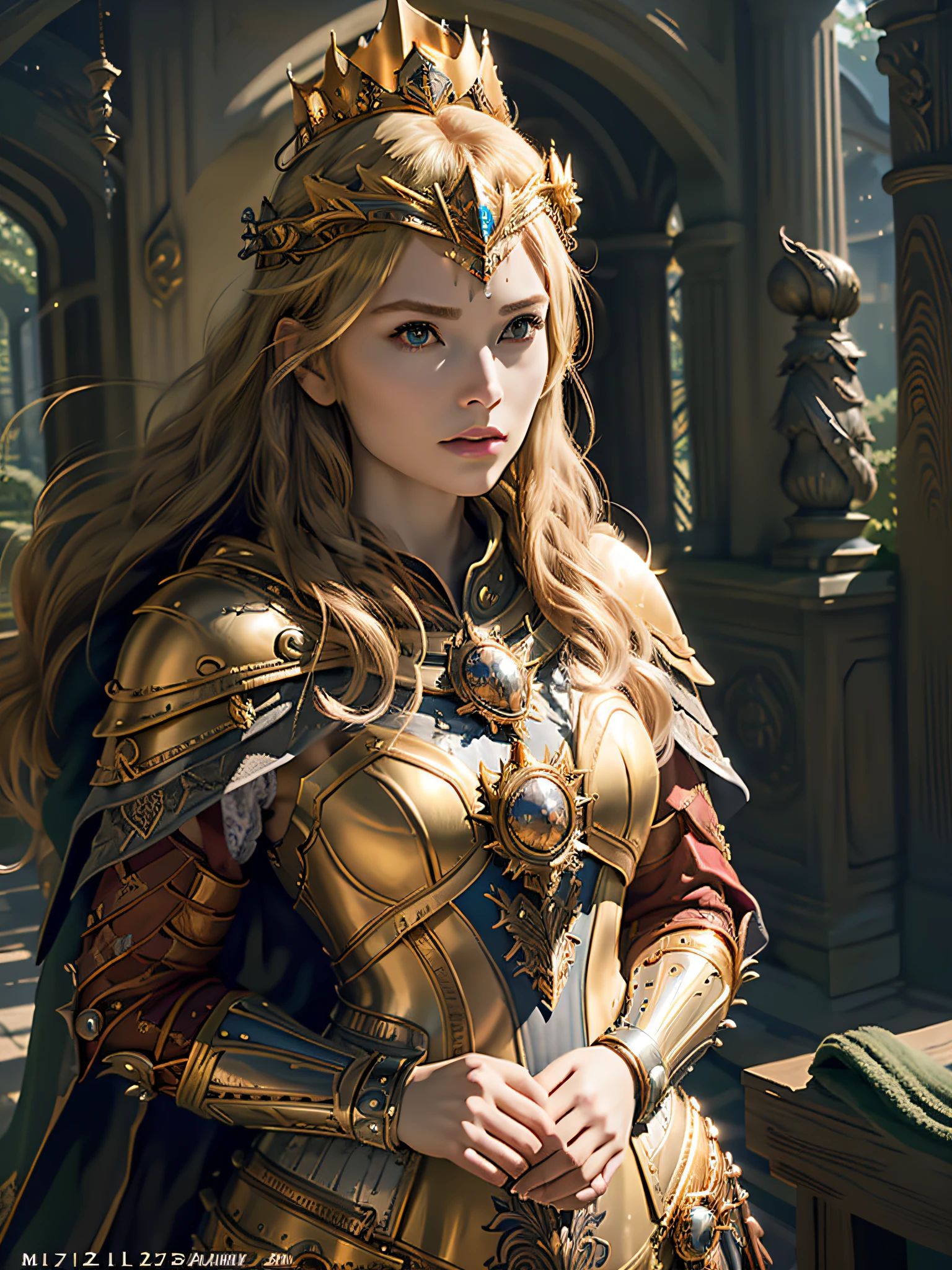 (Masterpiece, Top Quality, Top Quality, Official Art, Beautiful and Aesthetic: 1.2), (1 Girl), (Warrior Queen Golden Armor, Fur-Lined Cape, Bejeweled Crown: 1.2), Serious, Blonde, Colossal, Ultimate Jewel, 100 Pieces, Gorgeous, Photo