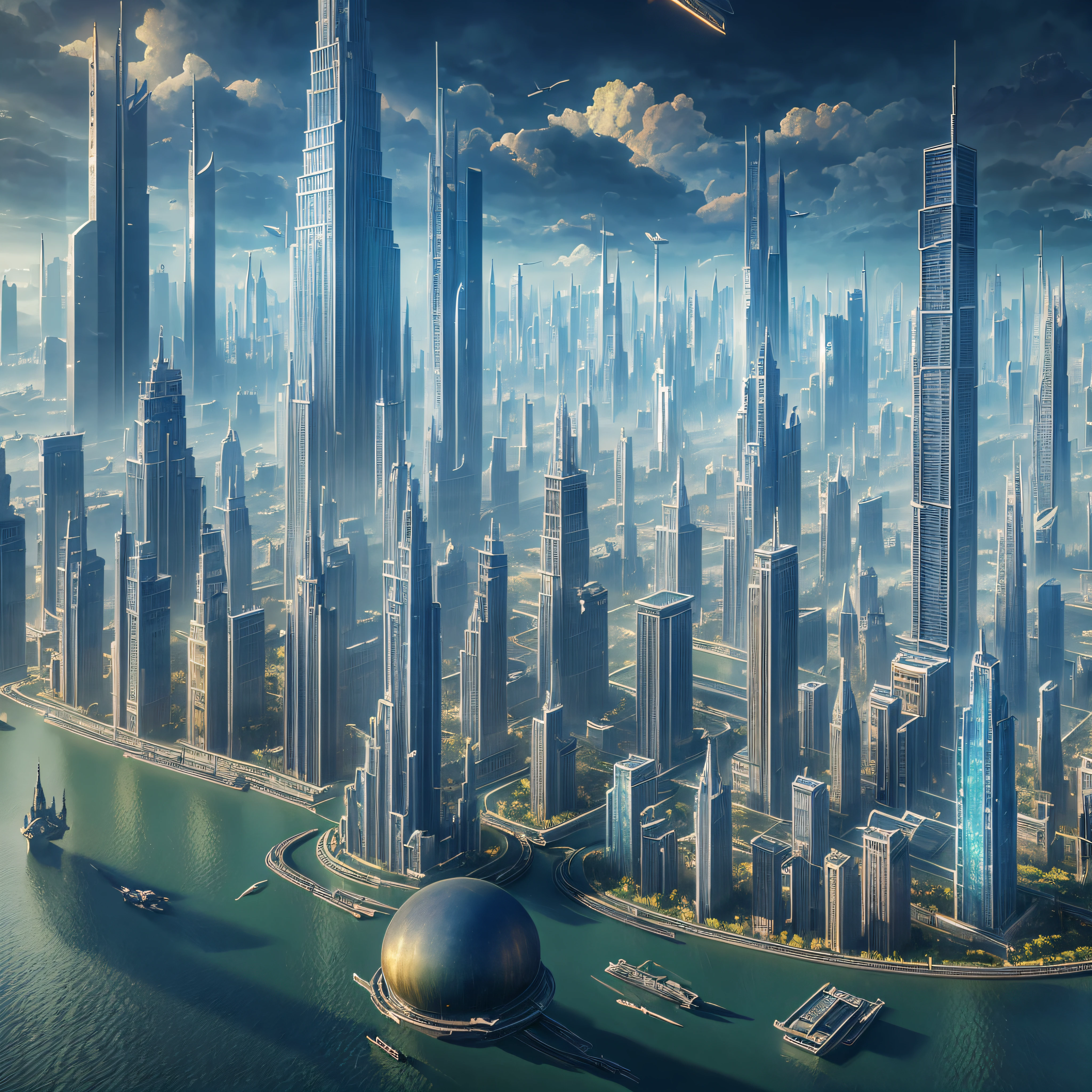 "Floating City": An ethereal metropolis suspended in the clouds, with towering skyscrapers, intricate bridges, and airships gliding between buildings, Surrealism, color field printing, high detail, UHD, 8k, anatomically correct, cinematic lighting 4d quality --auto --s2