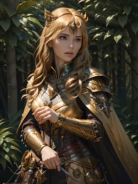(Masterpiece, Top Quality, Top Quality, Official Art, Beautiful and Aesthetic: 1.2), (1 Girl), (Warrior Queen Golden Armor, Fur-...