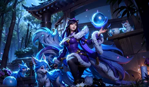arafed woman in a purple outfit holding a blue ball in her hand, ahri, portrait of ahri, ahri from league of legends, league of legends art, splash art, league of legends splash art, official splash art, league of legends character art, seraphine ahri kda,...