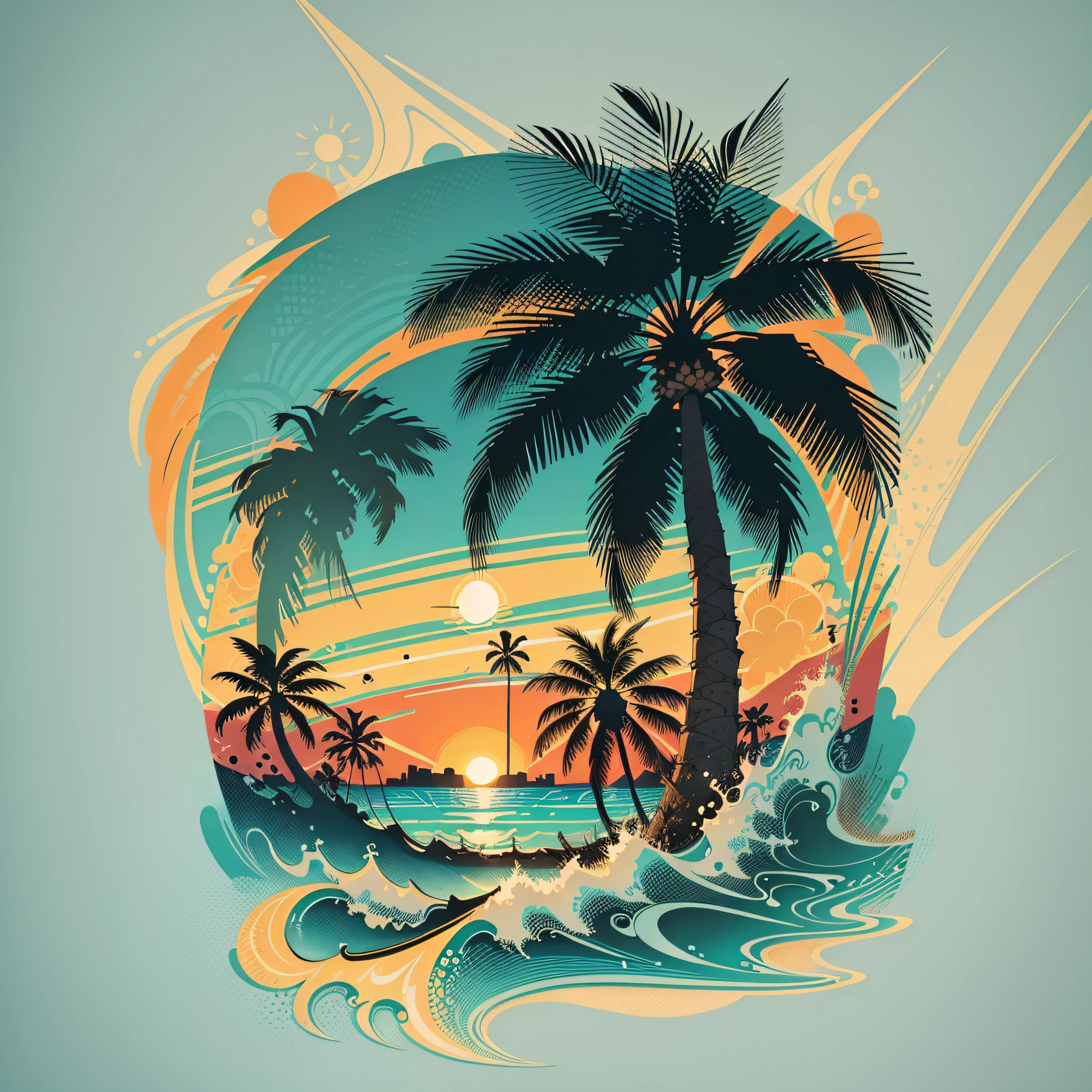 2d vector illustration, tshirt design for summers, palm trees, (surf: 1.1), (combi), sunrays, (best quality, masterpiece: 1.3), minimalist, (8 colors)